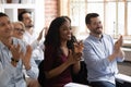 Multiracial happy business audience people applaud thank for workshop presentation Royalty Free Stock Photo