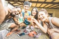 Multiracial happy friends group taking summer selfie and having Royalty Free Stock Photo