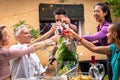 Multiracial happy group of friends toasting with wine during barbecue garden dinner party. Royalty Free Stock Photo