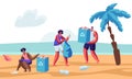 Multiracial Human Characters Picking Up Litter on Beach During Coastal Cleanup. Volunteers Collecting Trash in Bags with Recycle Royalty Free Stock Photo