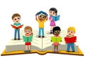 Multiracial Kids or children reading big open book isolated Royalty Free Stock Photo