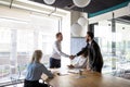 Multiracial male business partners handshake greeting at meeting