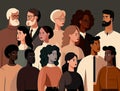 Multiracial people community standing together flat illustration. Multiethnic society portrait: racial diversity. Generative AI