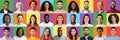 Multiracial people faces mosaic. Set of various men and women portraits smiling and posing over colorful backgrounds Royalty Free Stock Photo