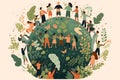 multiracial people hold hands around earth globe, earth day, white background, illustration, Generative AI Royalty Free Stock Photo