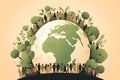 multiracial people hold hands around earth globe, trees, green, earth day, Generative AI Royalty Free Stock Photo