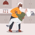 Multiracial senior couple dancing in the kitchen. Old lady and black african american gentleman dancing romantically. Stylized