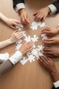 Multiracial business team assembling puzzle together, vertical c