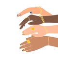 Multiracial women hands with gold jewelry.