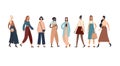 Multiracial women in stylish outfits. Flat vector illustration