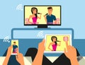 Multiscreen interaction. Man and woman are Royalty Free Stock Photo
