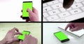 Multiscreen scene with man hands using a smart phone for write text messaging with chroma key