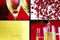 Multiscreen scene with pouring, drink and close-up champagne in the flutes with bubbles with red petals roses flying on red bokeh
