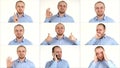 Multiscreen on showing different emotion one caucasian man on white background.