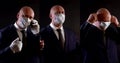 Multishot of a bald business man in a jacket, shirt and tie, he is talking on the phone, he has a medical mask on his Royalty Free Stock Photo