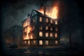 Multistorey residental or office building on fire accident. Neural network generated art