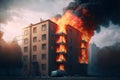 Multistorey residental or office building on fire accident. Neural network generated art