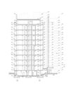 Multistory building section, detailed architectural technical drawing, vector blueprint