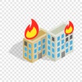 Multistory houses burn, modern war isometric icon