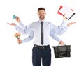 Multitask businessman with many hands holding different stuff on white background.