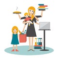 Multitask woman. Mother, businesswoman with baby, older child, working, coocking and calling.