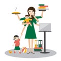 Multitask woman. Mother, businesswoman with baby, older child, working, coocking and calling.