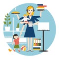 Multitask woman. Mother, businesswoman with baby, older child, working, coocking and calling Royalty Free Stock Photo