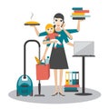 Multitask woman. Mother, businesswoman with baby working, coocking and calling. Royalty Free Stock Photo