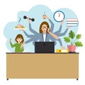 Multitask woman. Mother, businesswoman with child, working, coocking and calling. Flat vector