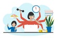 Multitask woman. Mother, businesswoman with child, working, coocking and calling. Flat vector