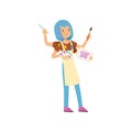 Multitasking artist character, girl with blue hairs with many hands holding palette and paintbrushes vector Illustration