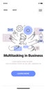 Multitasking in business concept features a person juggling tasks with gears envelopes and a rocket in a minimalist