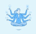 Multitasking business woman. Office manager professional tasking in zen yoga relaxing pose. Office work meditation