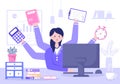 Multitasking Business Woman Or Office Worker as Secretary Surrounded By Hands With Holding Every Job In The Workplace. Vector