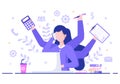 Multitasking Business Woman Or Office Worker as Secretary Surrounded By Hands With Holding Every Job In The Workplace. Vector