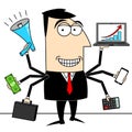 Cartoon multitasking businessman holding phone, computer, money and briefcase