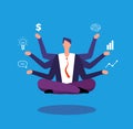 Multitasking businessman. Manager sitting in yoga lotus pose and juggles with tasks. Effective management vector concept