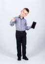 Multitasking. Businessman. Office life. Conversation. small boy with mobile phone. confident child has business start up Royalty Free Stock Photo