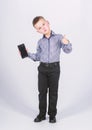 Multitasking. Businessman. Office life. Conversation. small boy with mobile phone. confident child has business start up Royalty Free Stock Photo