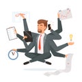 Multitasking businessman. Office worker making much work with hands writing calling reading yoga meditation vector