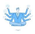 Multitasking businessman. Project manager sitting in relaxation yoga lotus pose thinking on tasks. Effective management