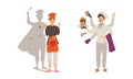 Multitasking chef and assistant cooking dishes of haute cuisine. Restaurant staff characters vector illustration