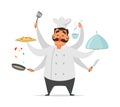 Multitasking chef cooking. Vector funny character isolate on white Royalty Free Stock Photo