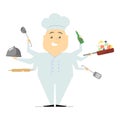 Multitasking chef with six hands, standing on white background h