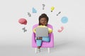 Multitasking concept African American woman employee 3d character works on laptop online conference Skillful freelancer.