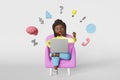 Multitasking concept African American woman employee 3d character works on laptop online conference Skillful freelancer.