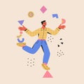 Multitasking concept. Man balances on a triangle and juggle abstract shapes. Modern vector cartoon flat illustration in trendy