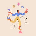 Multitasking concept. Woman balances on a triangle and juggle abstract shapes. Modern vector cartoon flat illustration in trendy