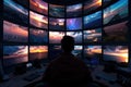 Multitasking Control Center: Futuristic Man Monitoring Multiple Displays