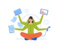 Multitasking, Deadline, Time Management Concept. Stressed Businesswoman With Many Arms Sitting In Yoga Lotus Position